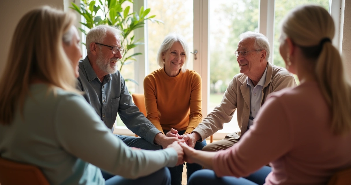 Grupo de personas en círculo compartiendo apoyo emocional 