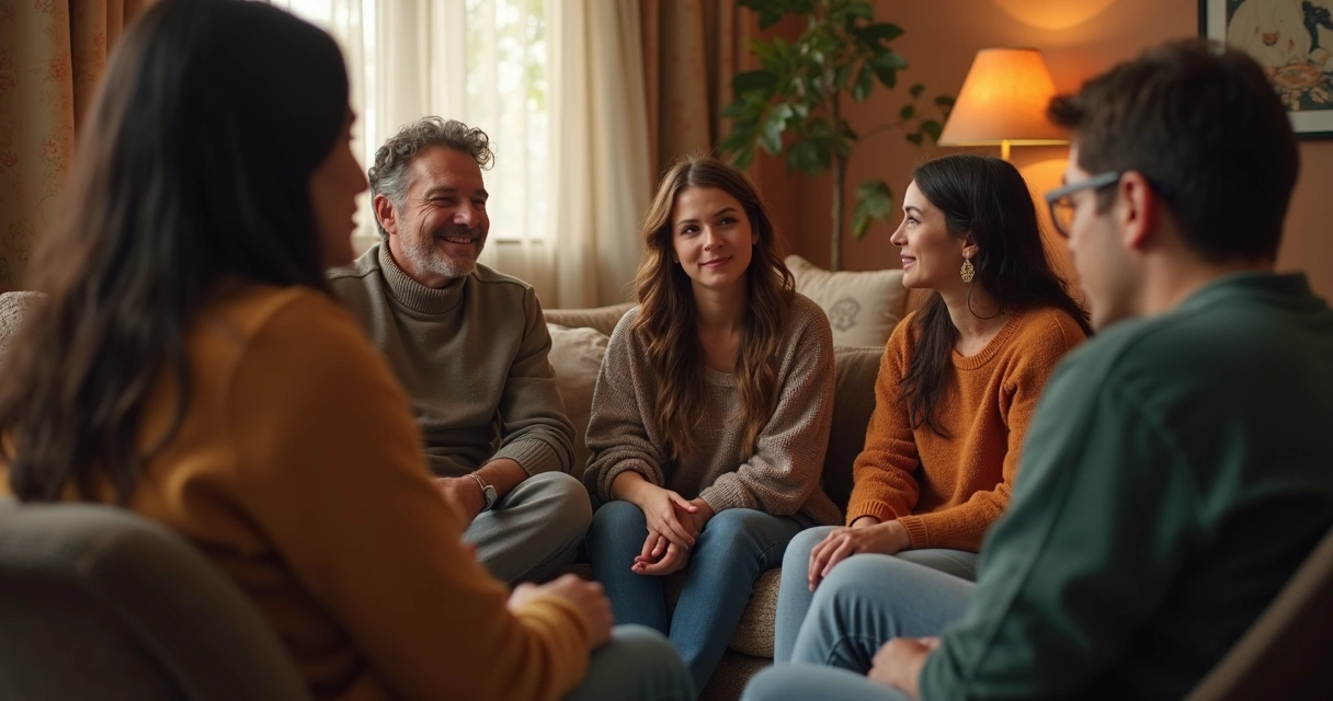 Varias personas sentadas en círculo, conversando con atención unos a otros.