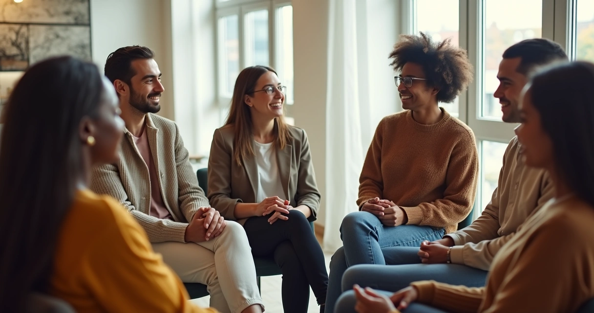 Grupo de personas conversando en círculo, mostrando gestos al hablar juntos 