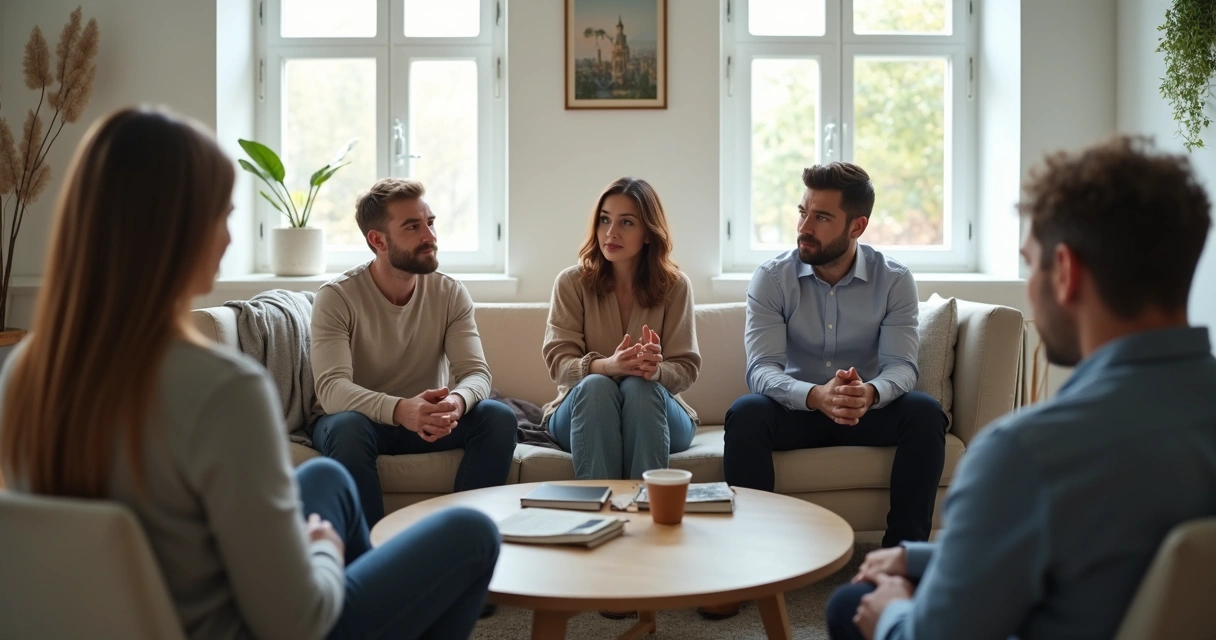 Grupo dialogando con expresiones variadas