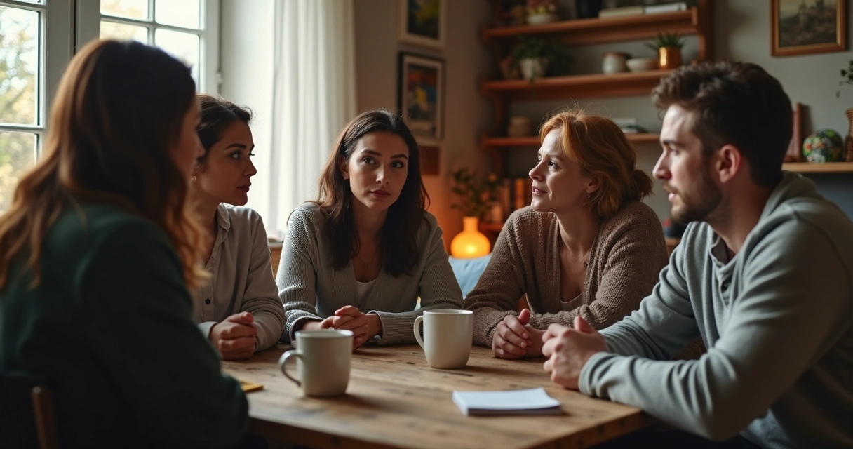 Grupo de personas conversando seriamente en una sala