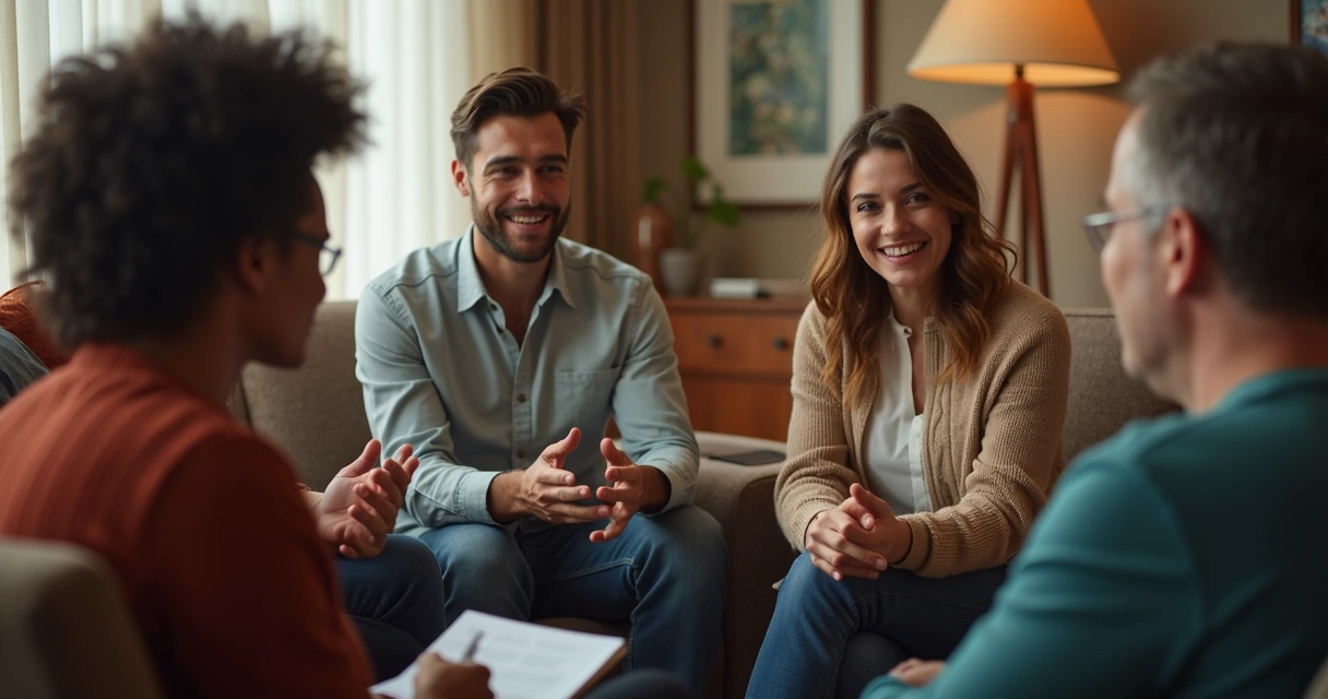 Grupo de personas en conversación asertiva en círculo 