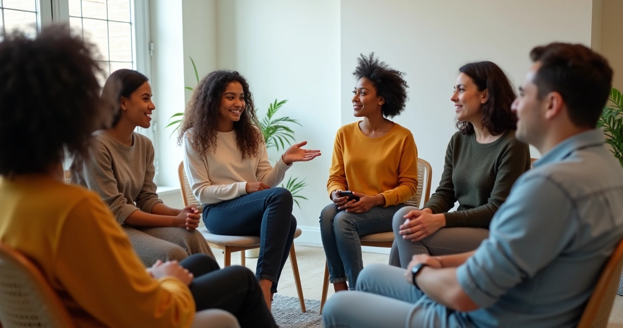 Grupo de personas dialogando, todos atentos y participando en escucha activa