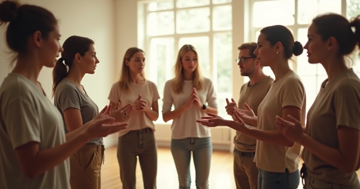 Grupo interactuando en círculo usando gestos y posturas abiertos sin hablar 