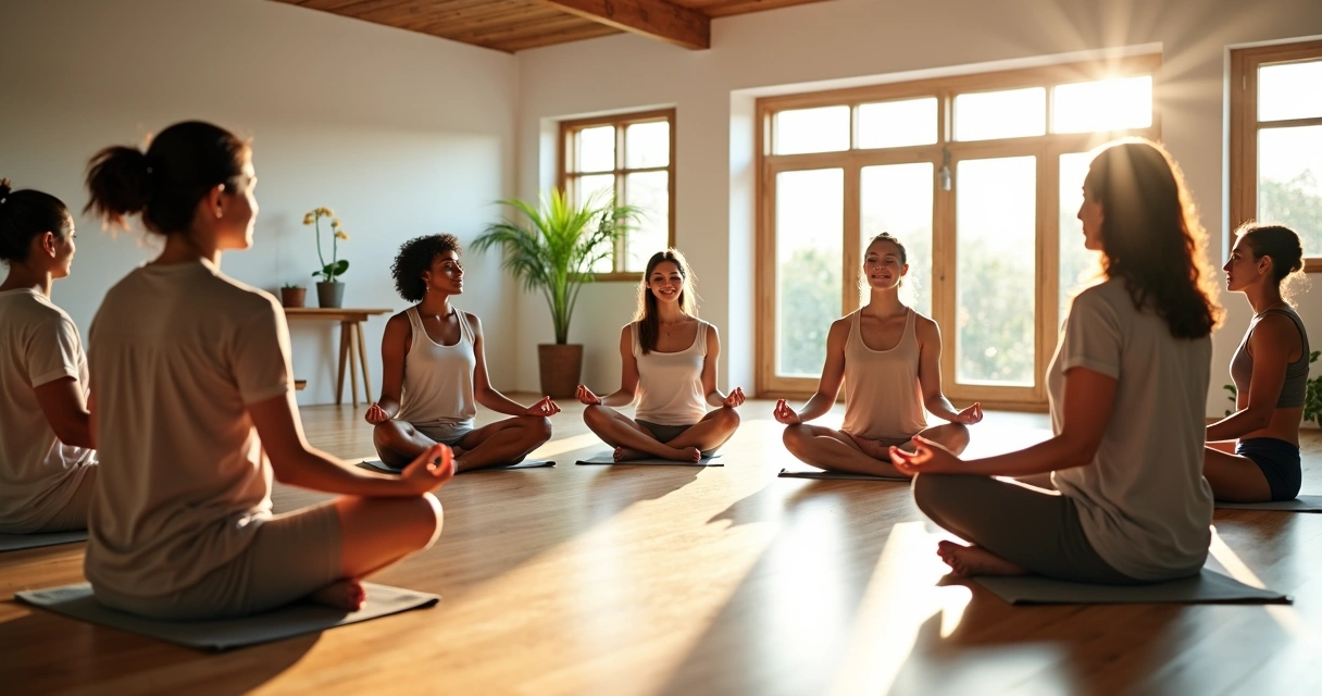 Grupo de personas sentadas en círculo practicando meditación en un espacio luminoso 