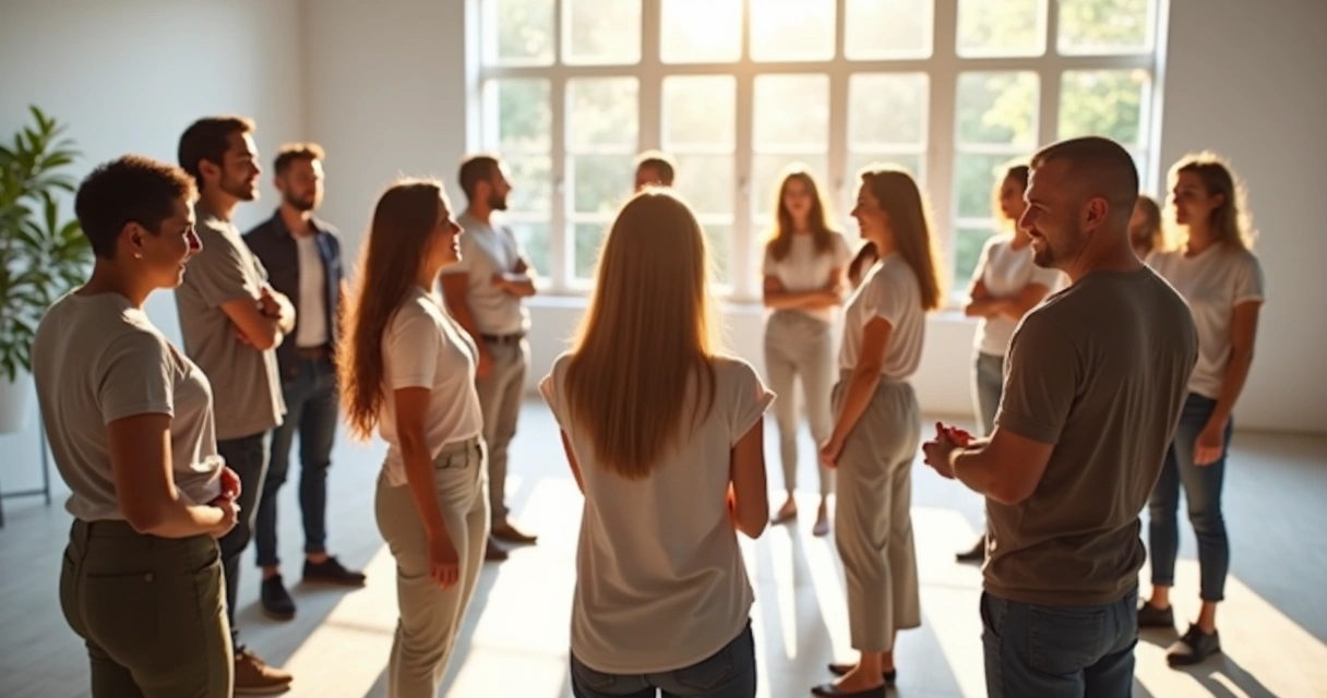 Grupo de personas en círculo con posturas corporales armoniosas 