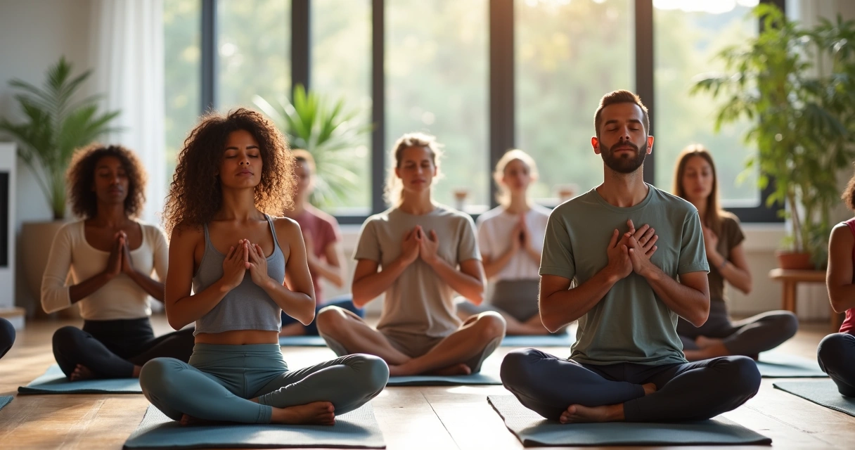 Grupo de personas practicando respiración consciente en círculo 