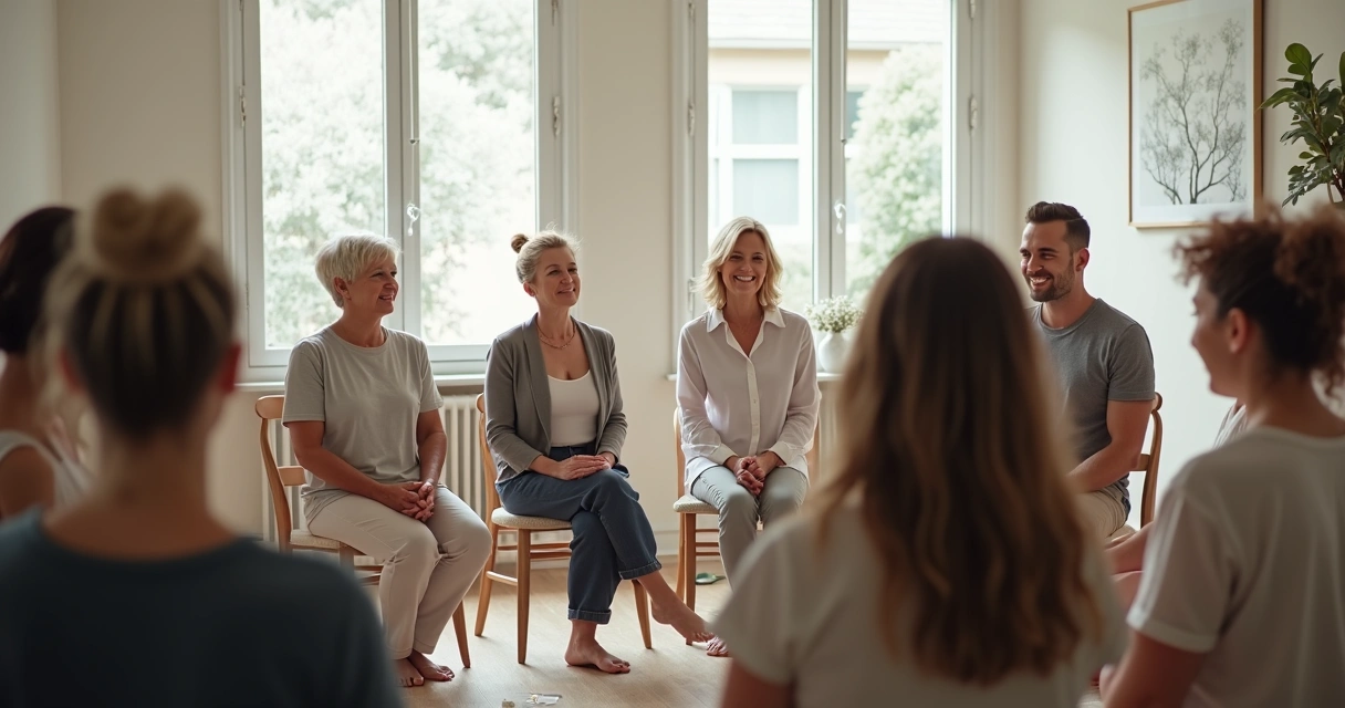 Grupo pequeño en círculo practicando presencia consciente sentados en sillas