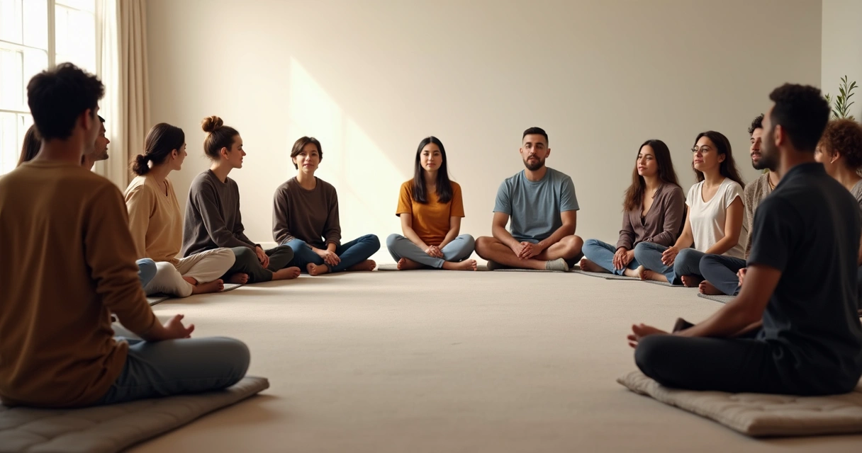 Personas sentadas en círculo, reflexionando juntas en una sala amplia 