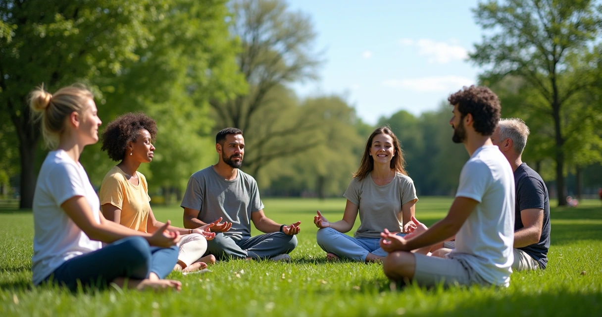 Grupo de adultos sentados en círculo en el parque practicando respiración consciente juntos 