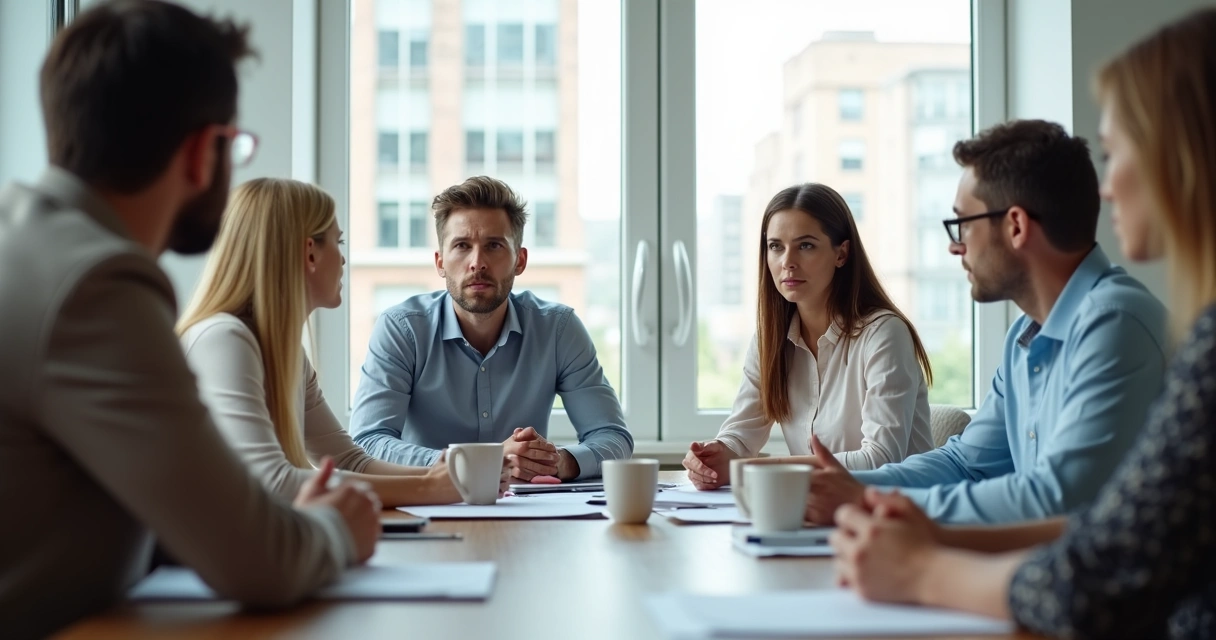 Grupo de personas en una reunión mirando con atención a alguien 