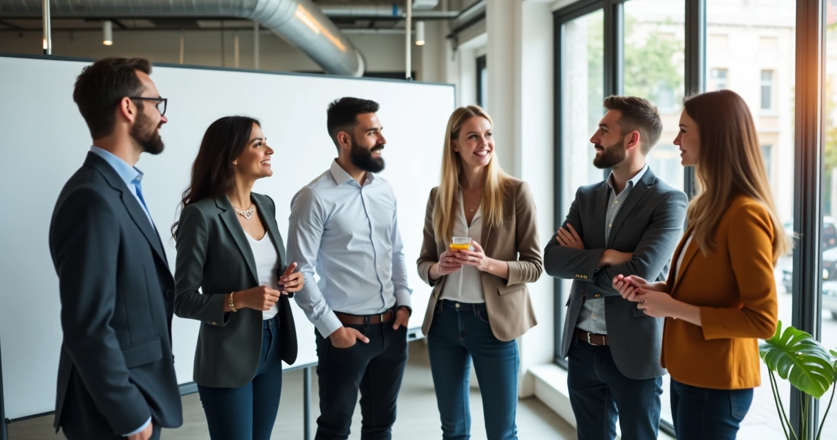 Grupo de personas en reunión dialogando de pie en sala de oficina 