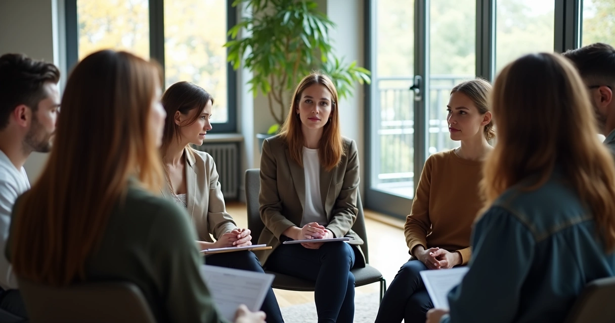 Grupo de personas en círculo hablando y escuchándose con atención 