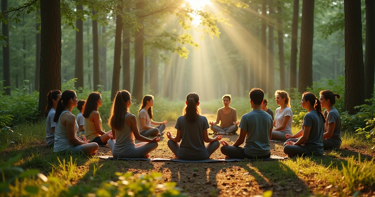 Grupo de personas sentadas en círculo en un bosque, compartiendo un momento de silencio consciente