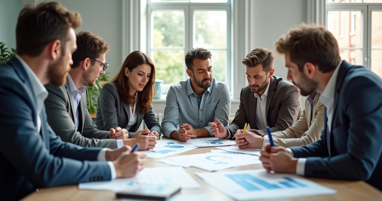 Personas en reunión de trabajo mirando gráficas en una mesa 