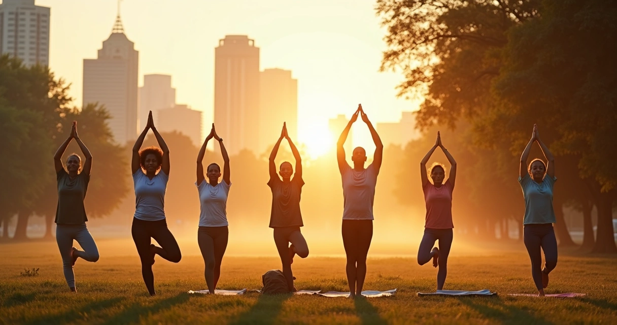 Grupo practicando yoga al aire libre en un parque al amanecer. 