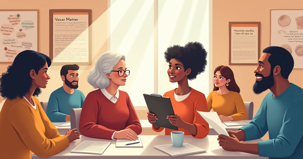 Ilustração de um grupo diverso em uma pesquisa qualitativa, com discussões e interação entre as pessoas.