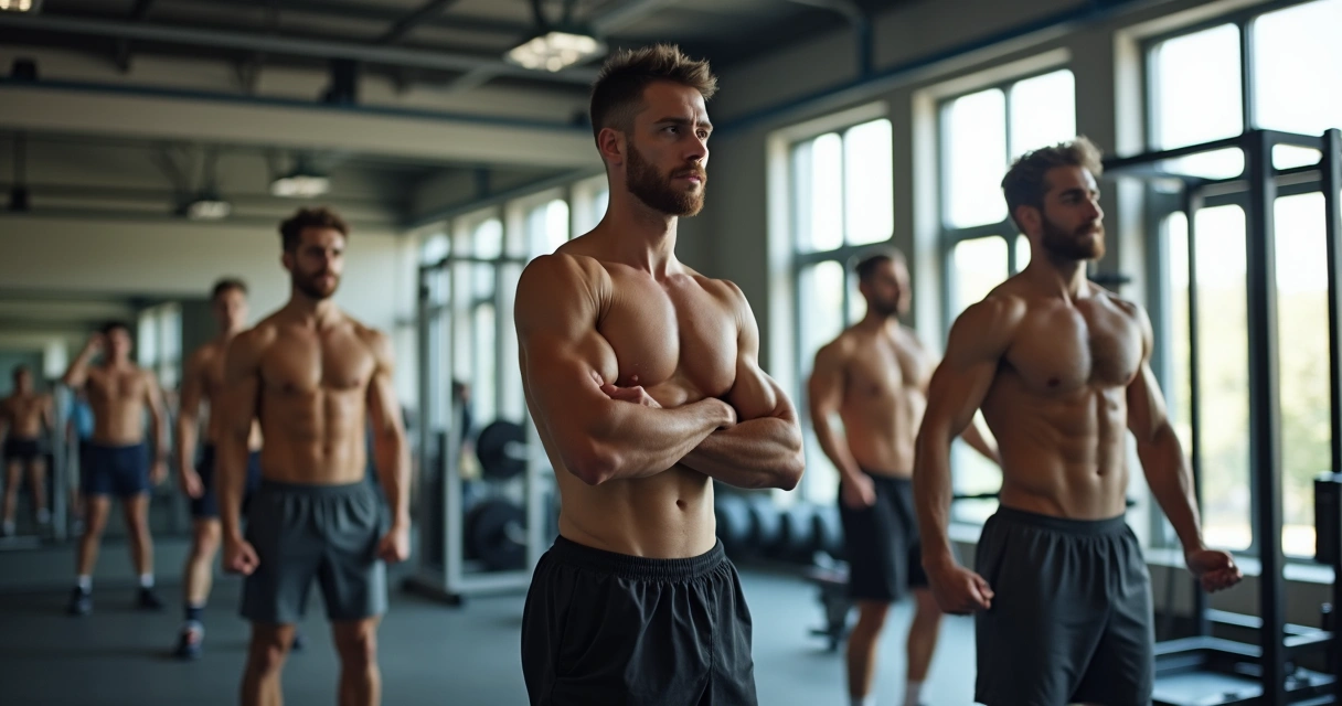 Grupo de homens praticando musculação em academia