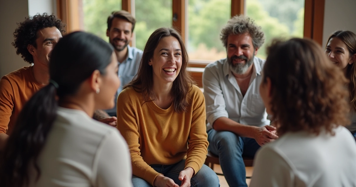Grupo de pessoas sentadas em círculo sorrindo em interação.