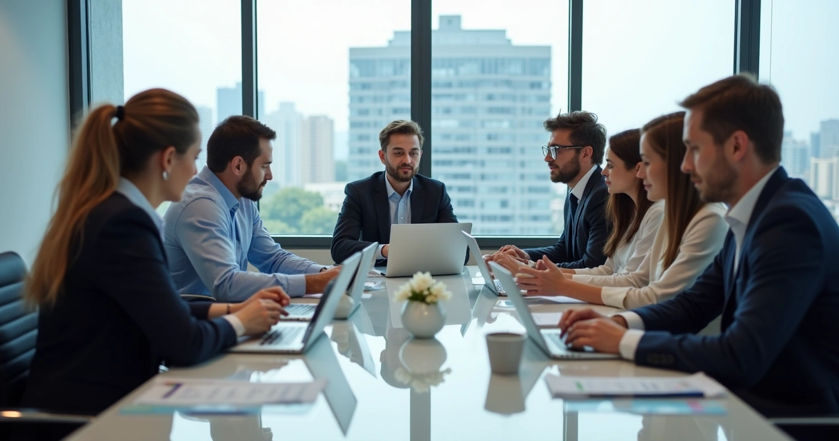 Equipe reunida em sala analisando conteúdo em notebooks 