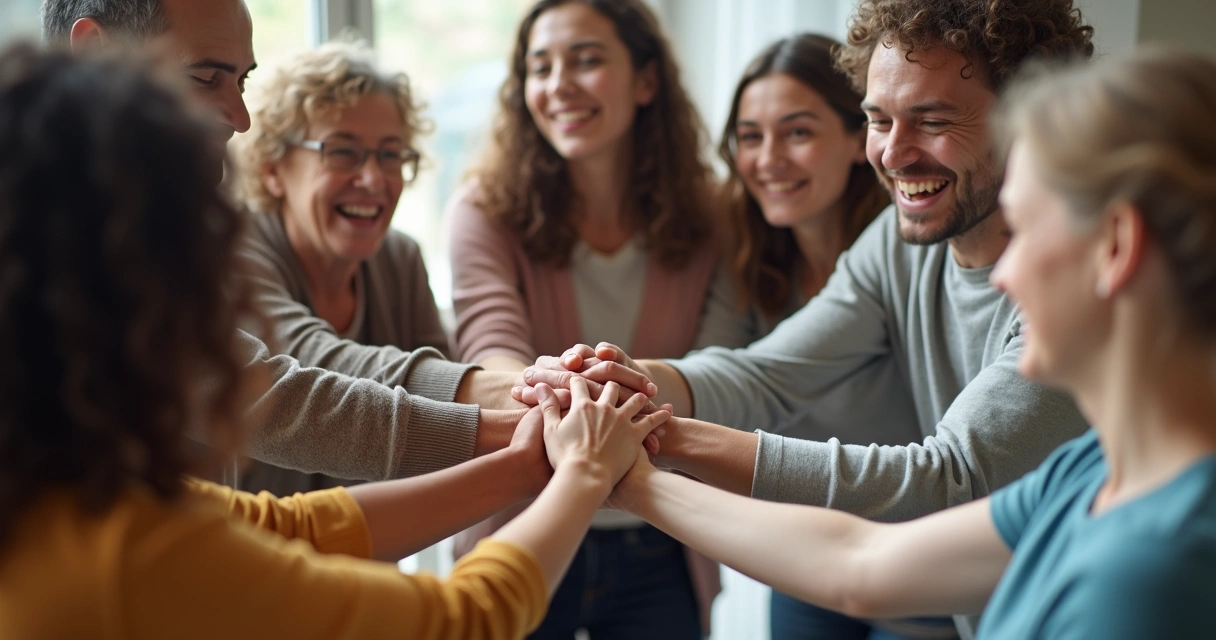 Grupo de pessoas de diferentes idades com as mãos unidas ao centro 
