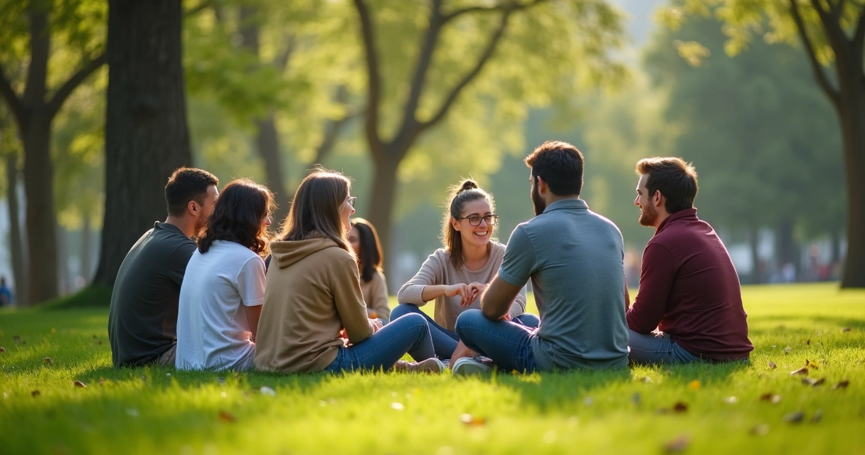 Grupo de pessoas conversando em roda no parque 