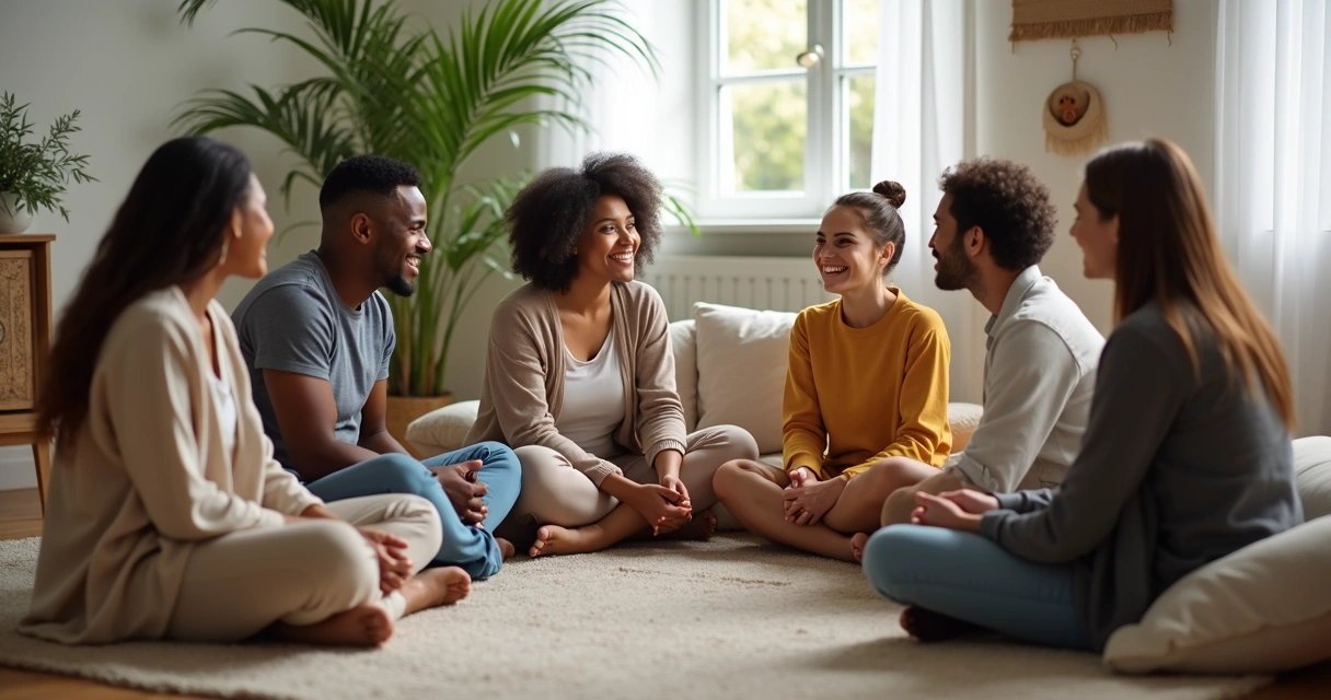 Grupo de pessoas conversando em círculo em apoio mútuo 