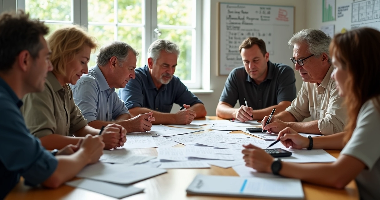 Grupo reunido em torno de uma mesa analisando cartões de loteria 
