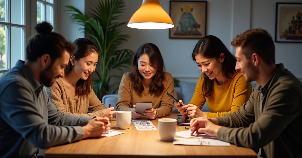 Grupo de pessoas reunidas em volta de uma mesa com aparelhos eletrônicos, apostando juntos online 