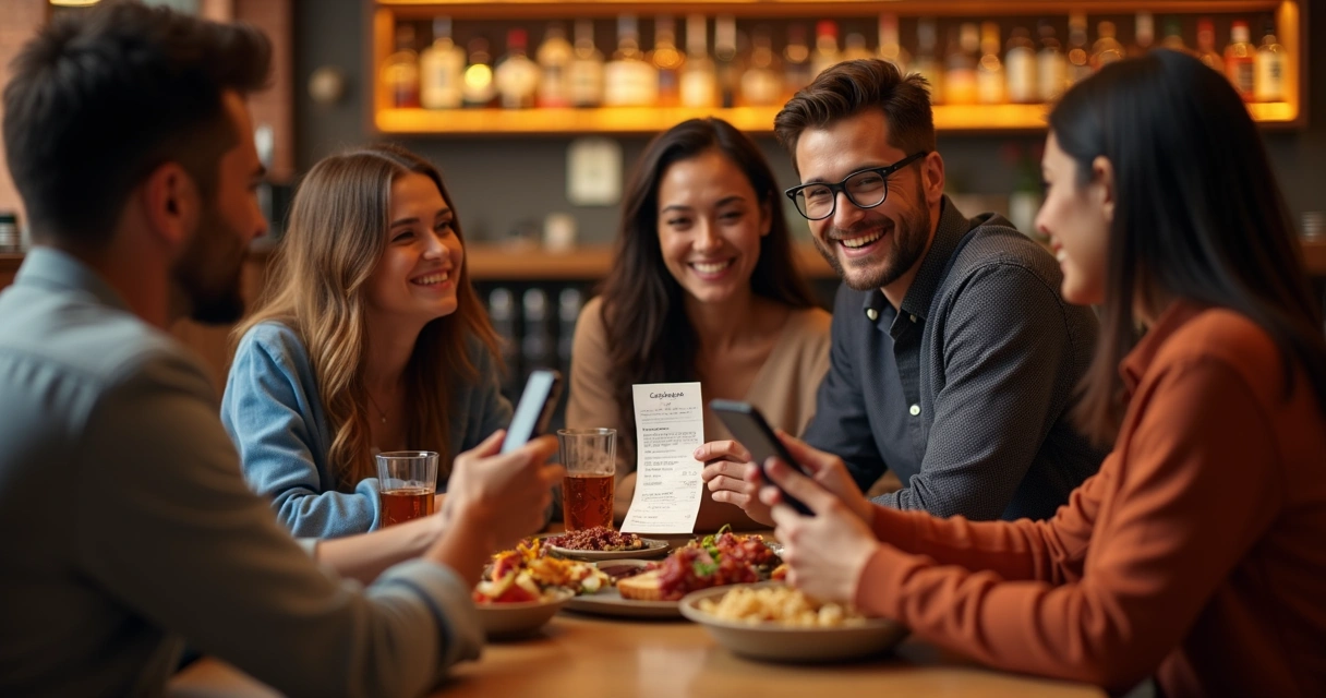 Grupo de pessoas em um bar recebendo cashback 