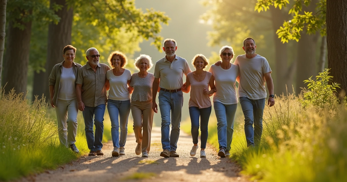 Grupo diverso de pessoas caminhando juntos por uma trilha natural 