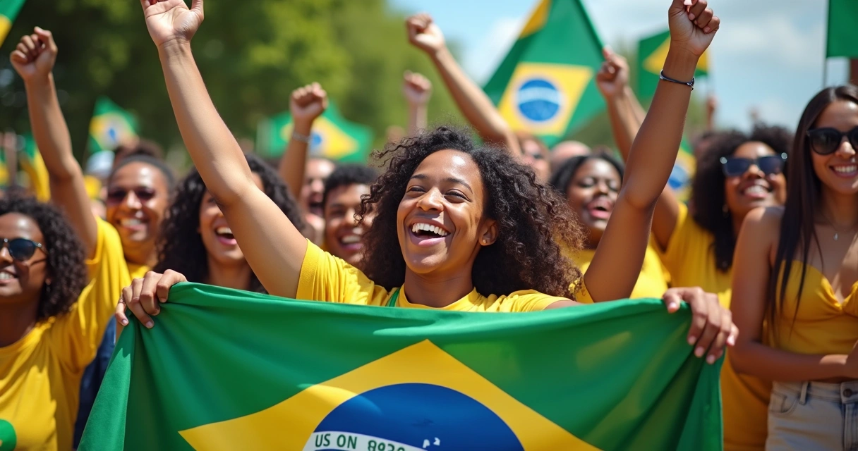 Grupo de pessoas diversas celebrando ao ar livre com bandeiras do Brasil e cartazes