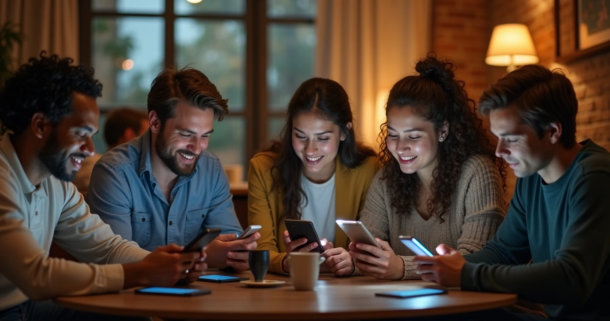 Grupo de pessoas reunidas usando celulares 