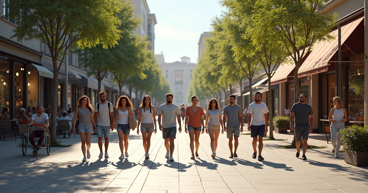 Grupo de pessoas diferentes caminhando em uma rua da cidade 