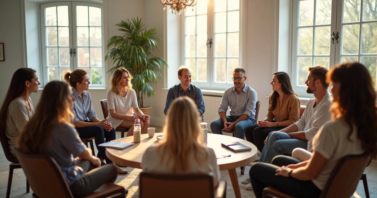 Grupo de pessoas sentadas em círculo em uma sala iluminada. 