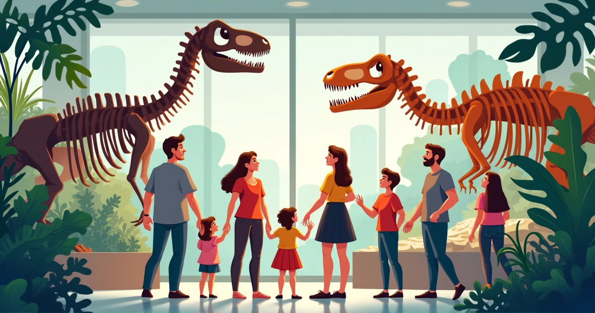 Grupo de pessoas observando esqueletos de dinossauro em museu 