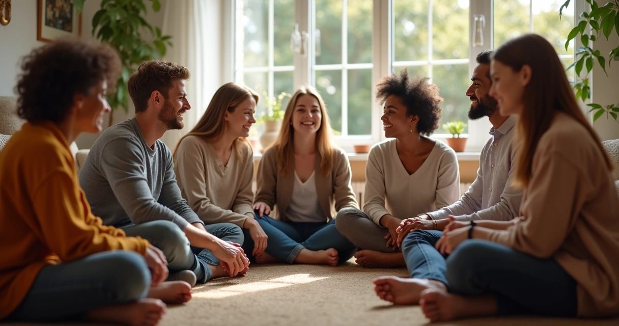 Grupo de pessoas sentadas em círculo compartilhando sentimentos 