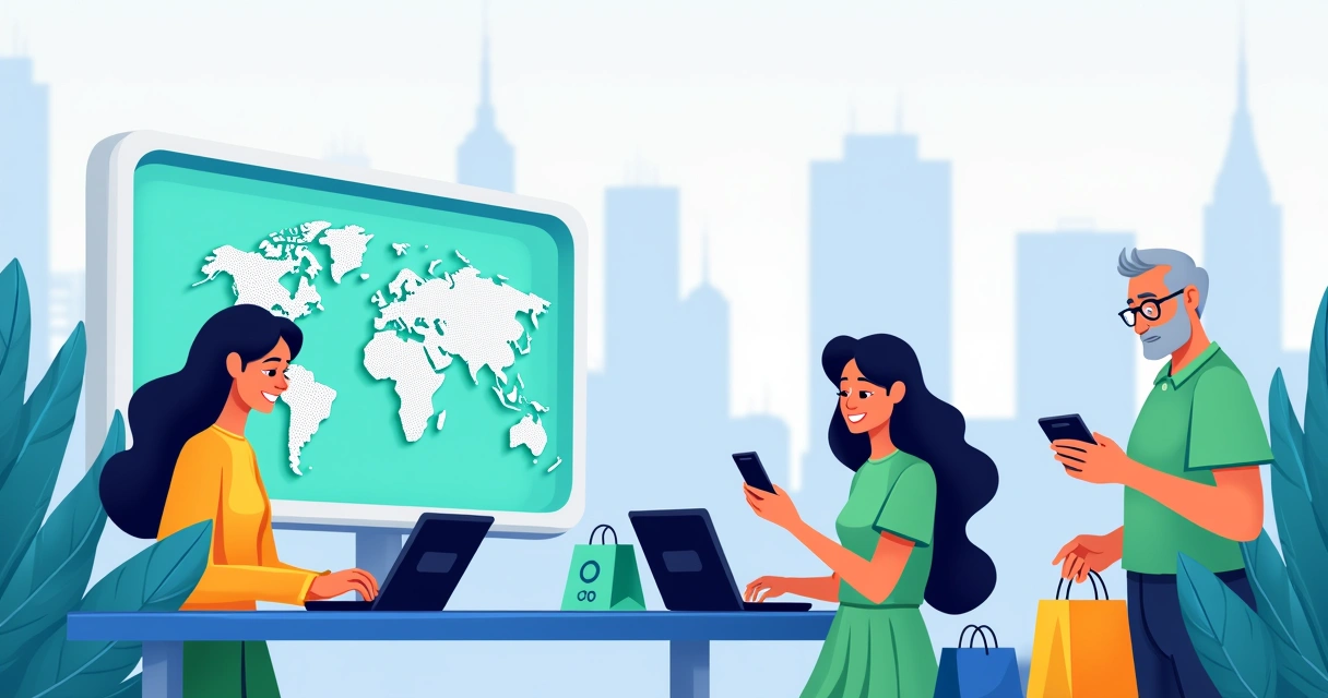 Grupo diversificado de pessoas fazendo compras online, exibindo laptops e smartphones com produtos.