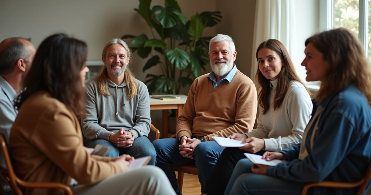 Pessoas sentadas em círculo conversando em um ambiente confortável