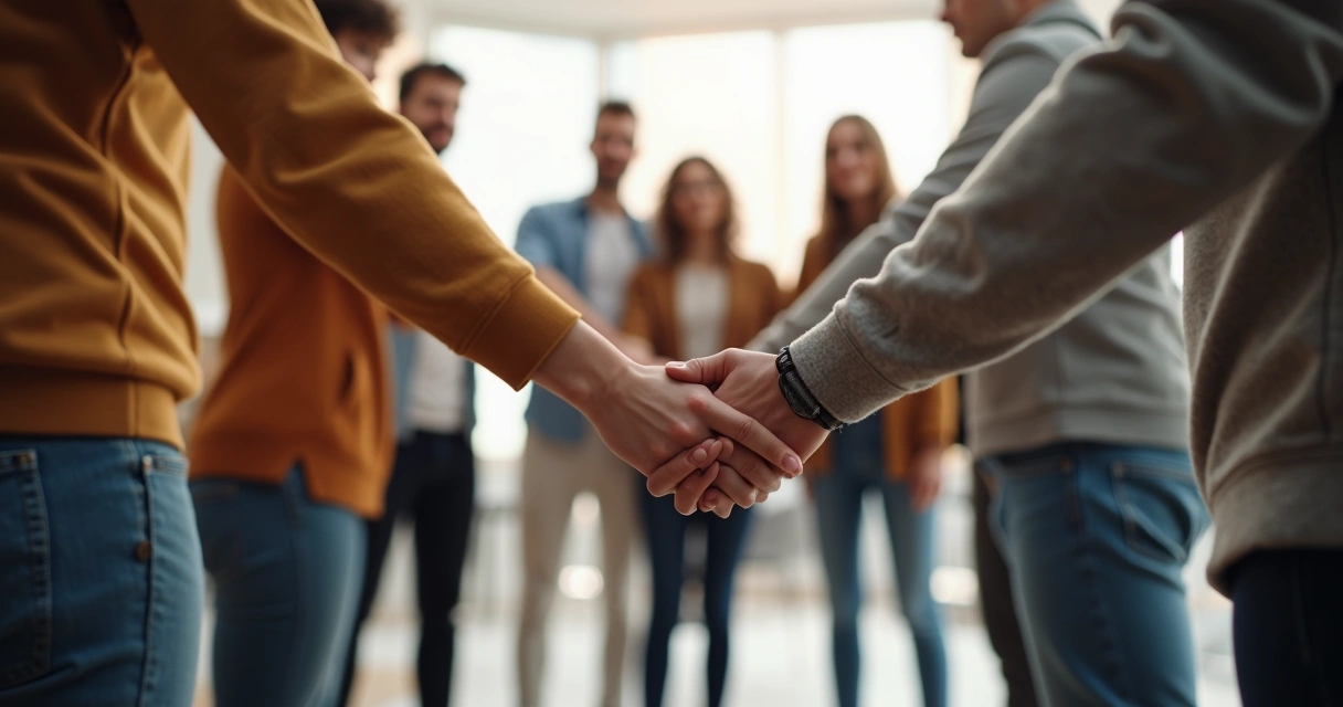 Grupo de pessoas em círculo de mãos dadas, enfatizando conexões e relacionamentos