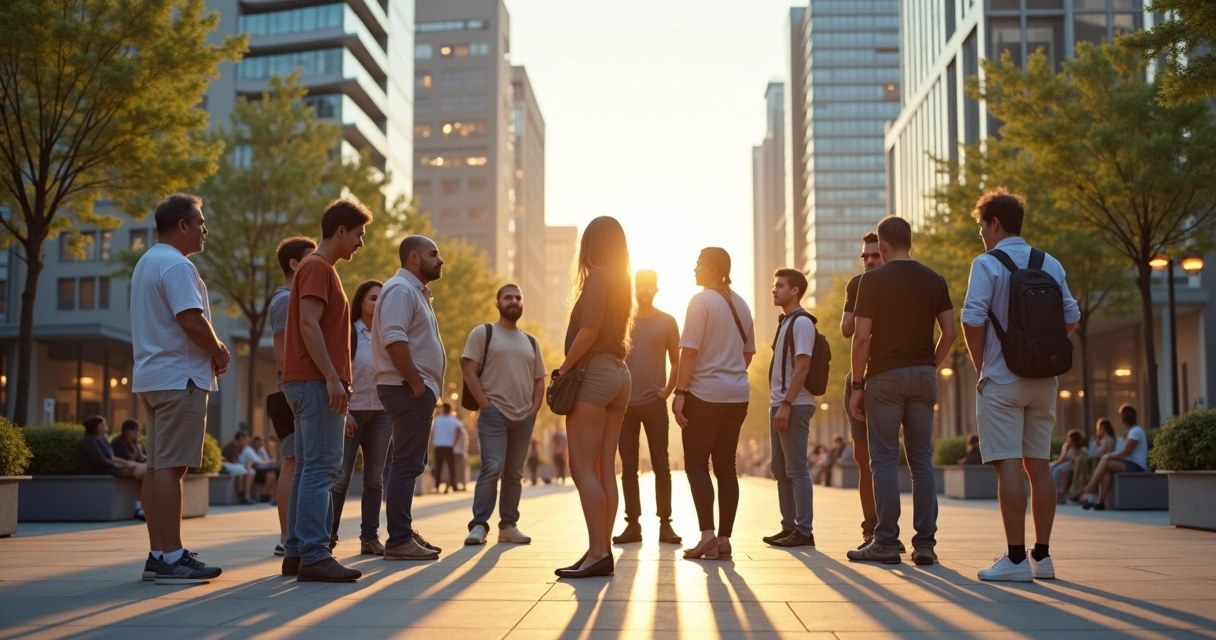 Grupo de pessoas interagindo em um ambiente urbano conectadas por linhas simbólicas 