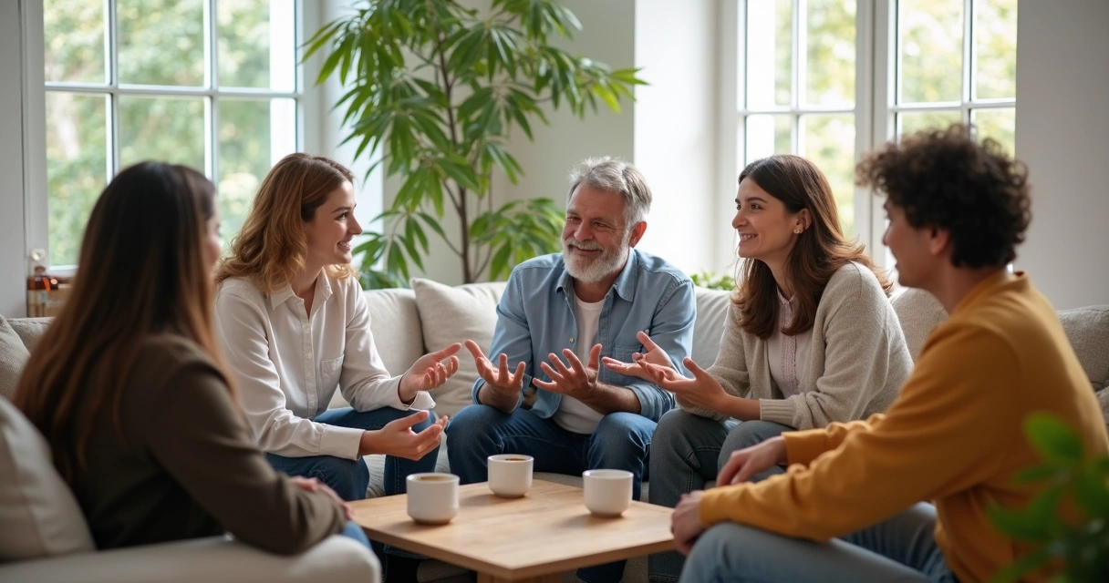 Grupo de pessoas sentadas conversando em círculo em ambiente claro