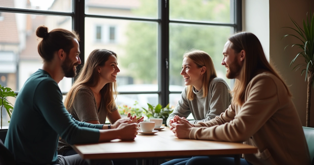 Grupo de pessoas conversando e sorrindo em café 