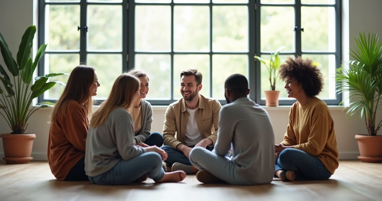 Grupo de pessoas interagindo em um espaço aberto, algumas conversando e outras refletindo sozinhas 