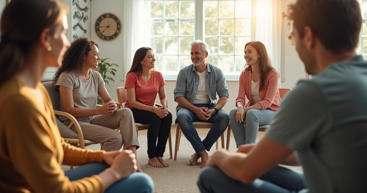 Grupo de pessoas sorrindo e conversando sentados em círculo 