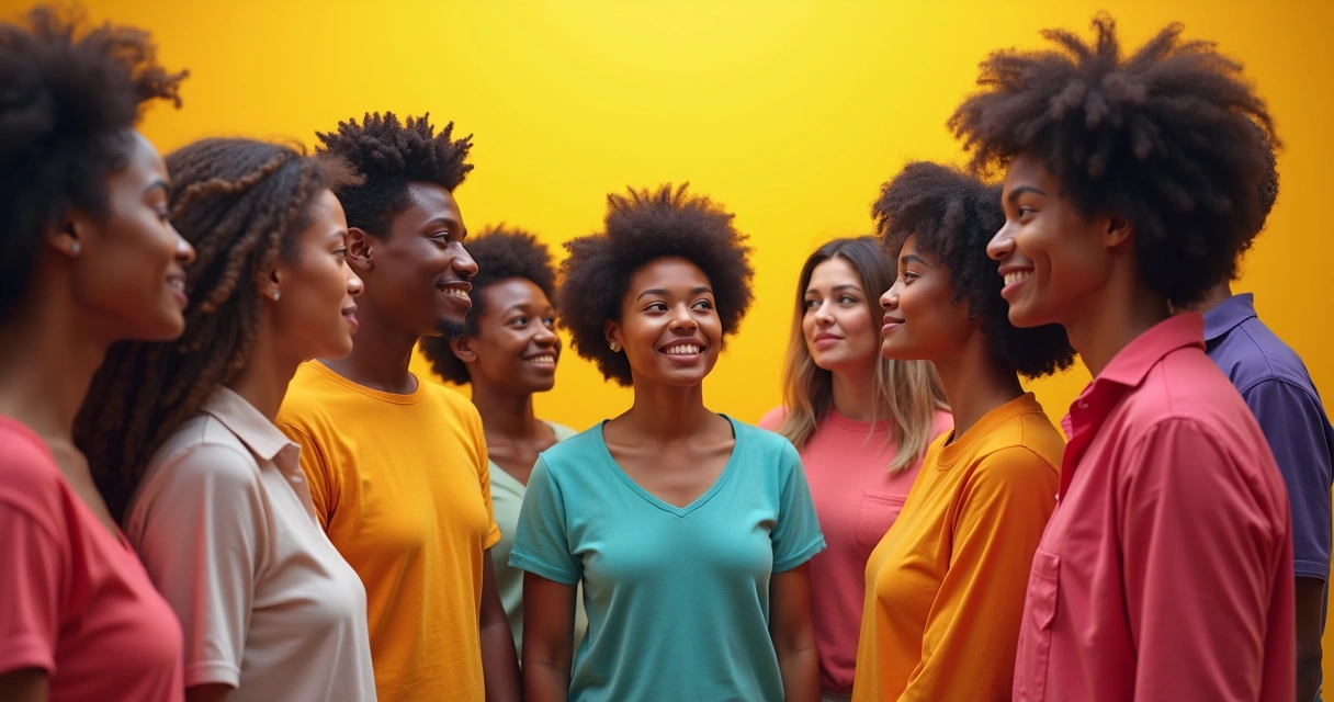 Grupo de pessoas em pé, cada uma com roupa de cor diferente, olhando para si mesmas