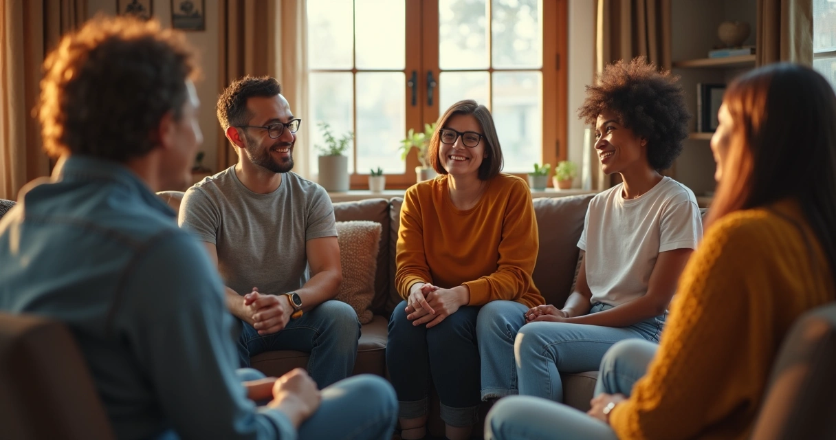 Grupo de pessoas sentadas em roda conversando e se apoiando mutuamente. 