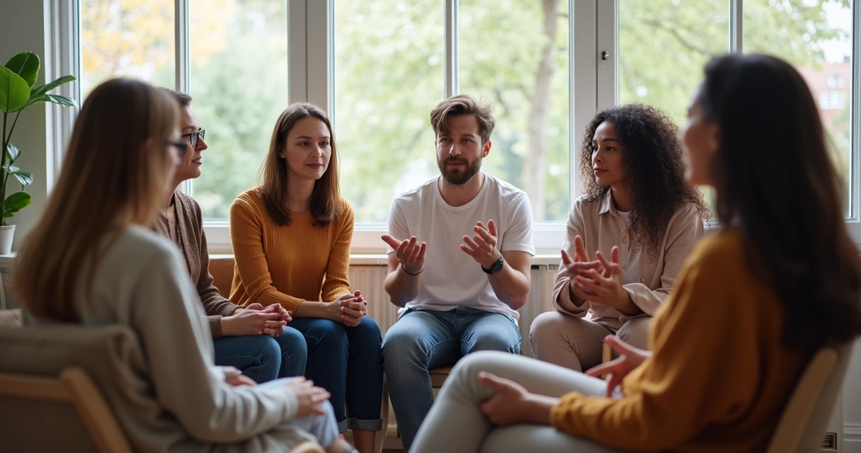 Grupo de pessoas sentadas em círculo trocando ideias de forma atenta e respeitosa em sala iluminada. 