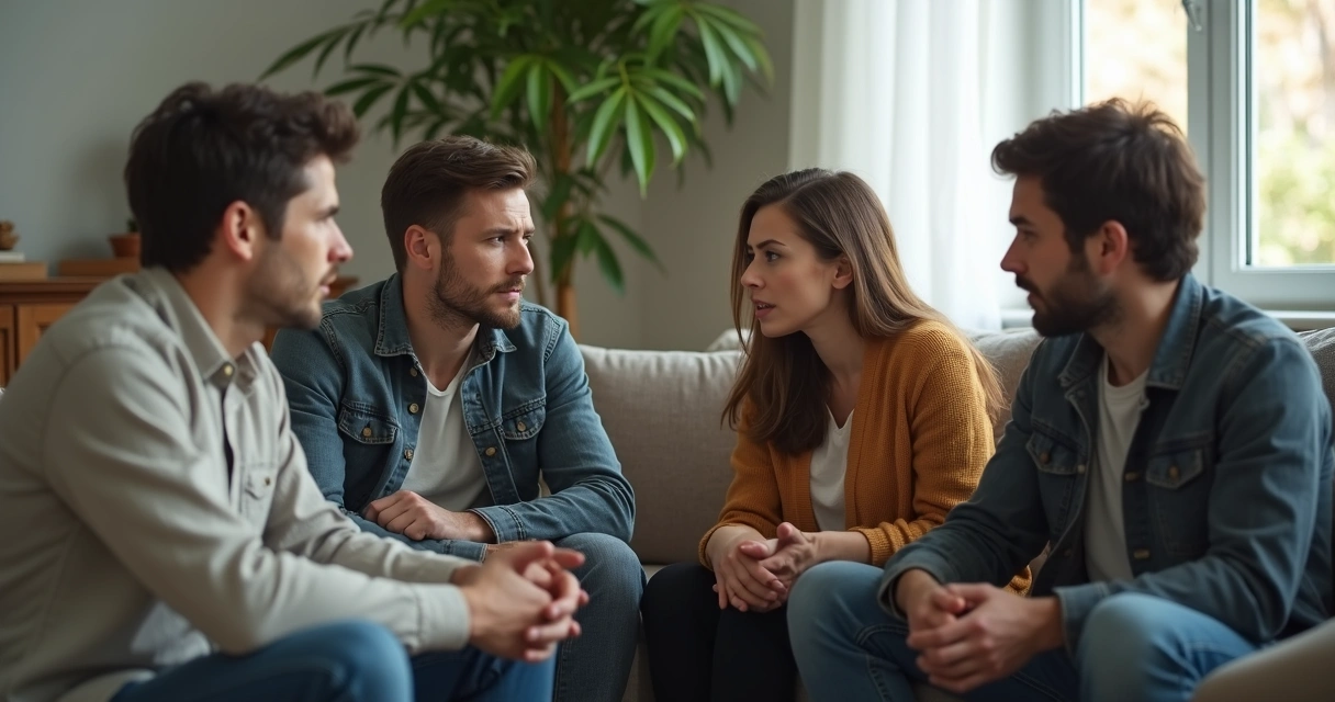 Grupo de pessoas sentadas conversando com expressão tensa em ambiente informal 