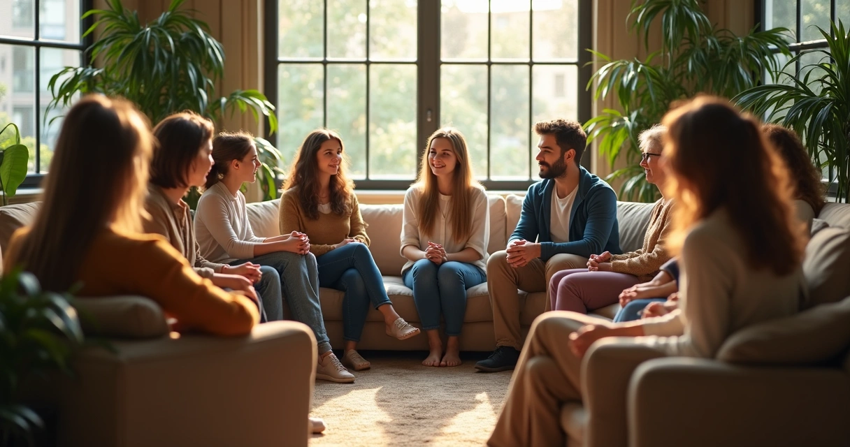 Grupo de pessoas sentadas em círculo conversando em um ambiente acolhedor 